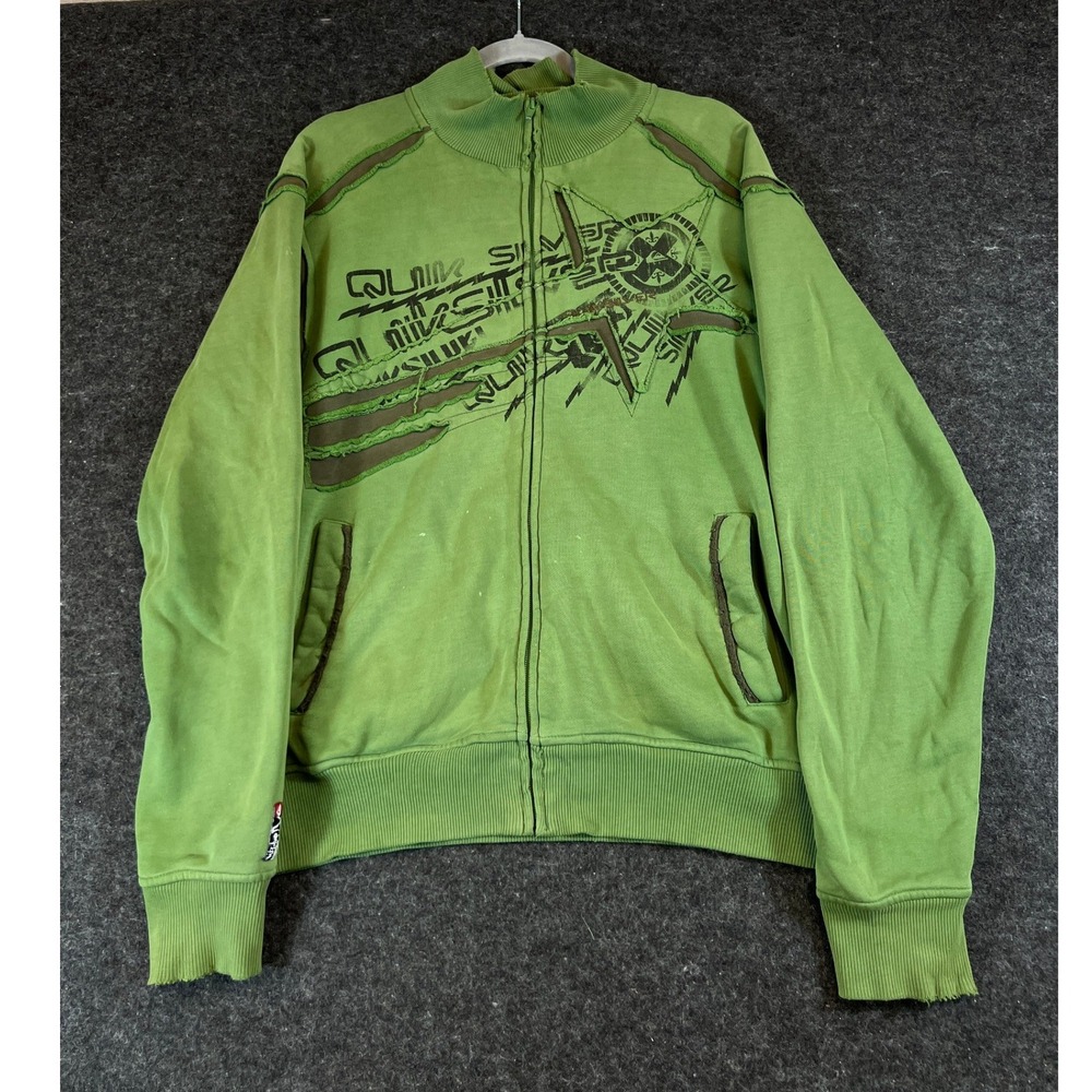 VINTAGE Quiksilver Mens Large Green Distressed Y2K Skate Full Zip Sweatshirt